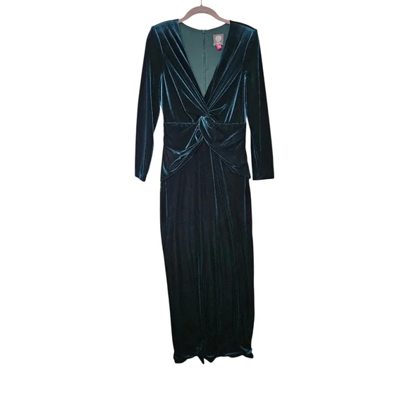 Vince Camuto Velvet Twist Front Gown - Emerald Green - Picture 2 of 8